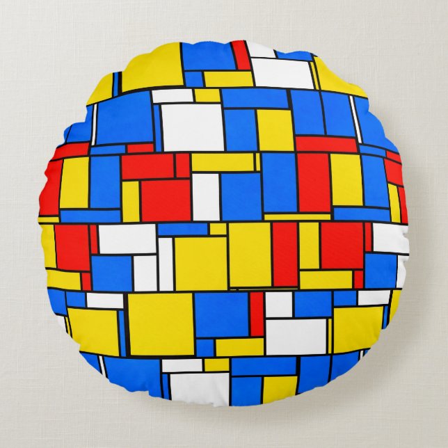 Mondrian Inspired Style Red Blue Yellow Pattern Round Pillow (Front)