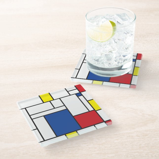 Mondrian Minimalist Geometric De Stijl Modern Art Glass Coaster (Angled)