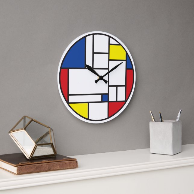 Mondrian Minimalist Geometric De Stijl Modern Art Large Clock (Office)