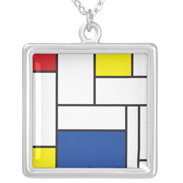 Mondrian Minimalist Geometric De Stijl Modern Art Silver Plated Necklace (Front)