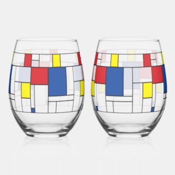 Mondrian Minimalist Geometric De Stijl Modern Art Stemless Wine Glass by fat_fa_tin at Zazzle