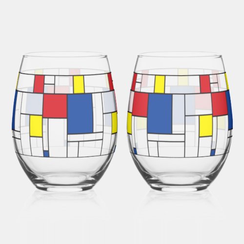 Mondrian Minimalist Geometric De Stijl Modern Art Stemless Wine Glass