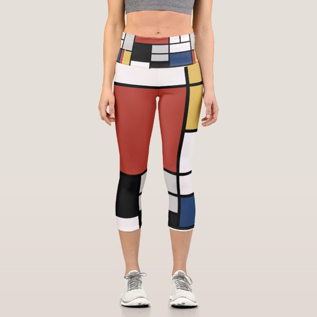 Mondrian Painting Red Plane Yellow Black Gray Blue Capri Leggings (Front)