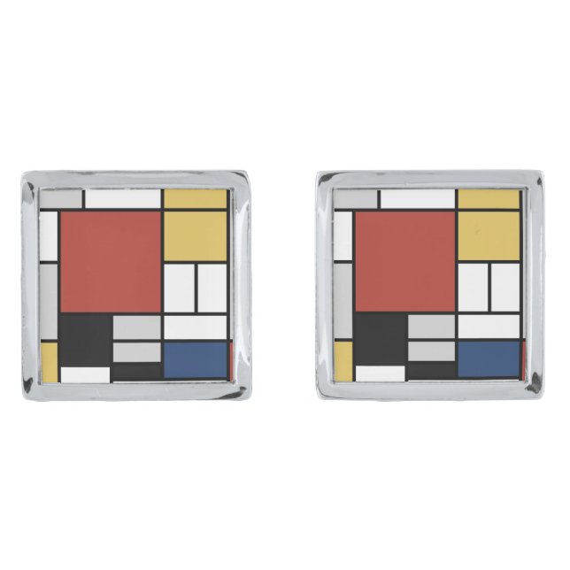 Mondrian Painting Red Plane Yellow Black Gray Blue Cufflinks (Front)