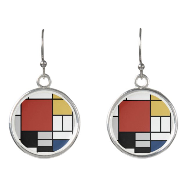 Mondrian Painting Red Plane Yellow Black Gray Blue Earrings (Front)