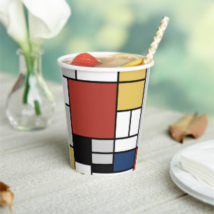 Mondrian Painting Red Plane Yellow Black Gray Blue Paper Cups