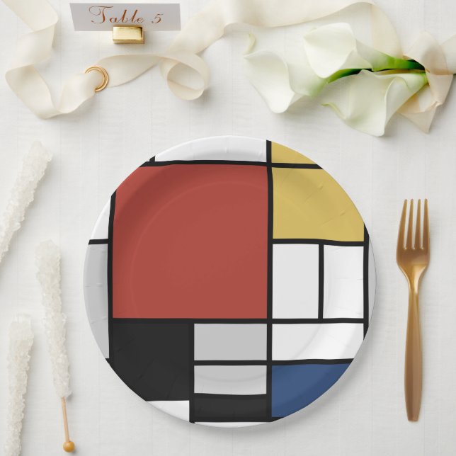 Mondrian Painting Red Plane Yellow Black Gray Blue Paper Plates (Wedding)