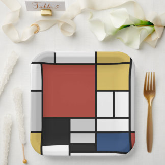 Mondrian Painting Red Plane Yellow Black Gray Blue Paper Plates