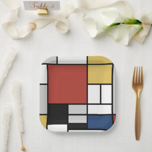 Mondrian Painting Red Plane Yellow Black Gray Blue Paper Plates
