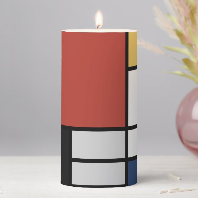 Mondrian Painting Red Plane Yellow Black Gray Blue Pillar Candle (In Situ)