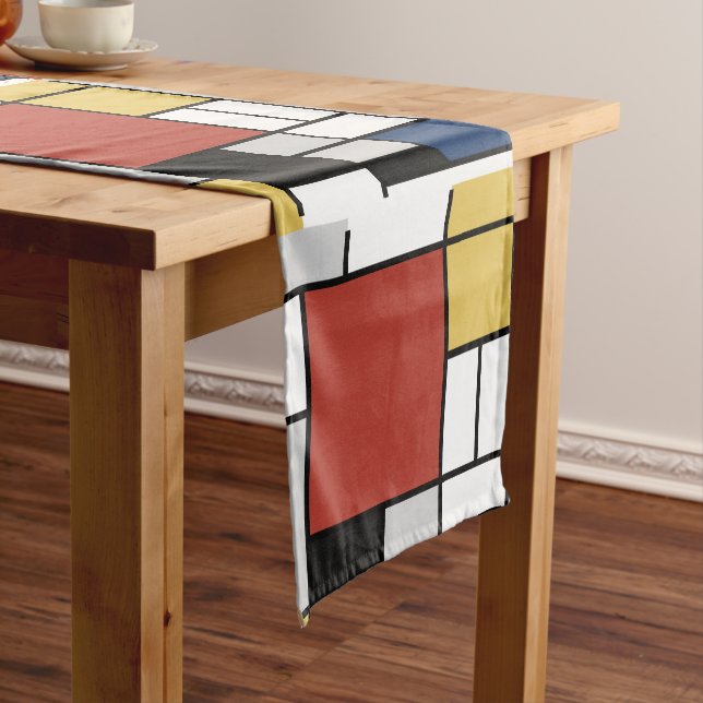 Mondrian Painting Red Plane Yellow Black Gray Blue Short Table Runner (In Situ)
