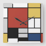 Mondrian Painting Red Plane Yellow Black Gray Blue Square Wall Clock