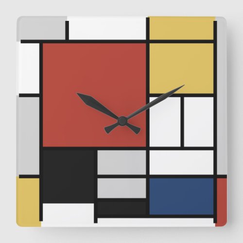 Mondrian Painting Red Plane Yellow Black Gray Blue Square Wall Clock