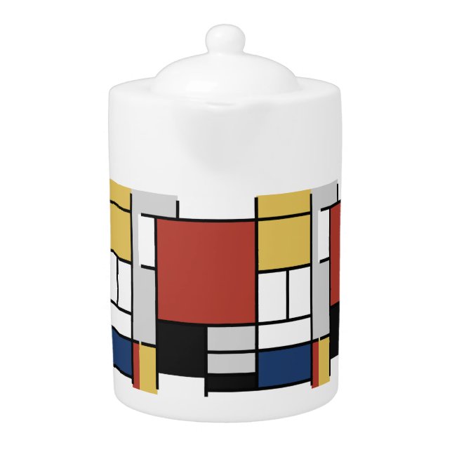 Mondrian Painting Red Plane Yellow Black Gray Blue Teapot (Front)