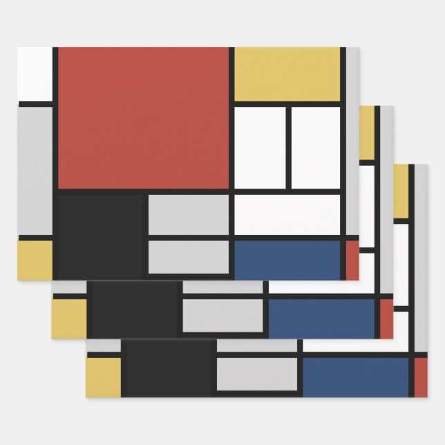 Mondrian Painting Red Plane Yellow Black Gray Blue Wrapping Paper Sheets (Set)