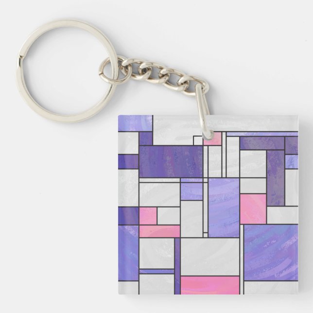 Mondrian Pink Purple White Print Keychain (Front)