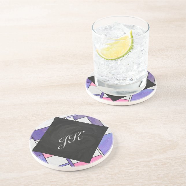 Mondrian Pink Purple White Print Sandstone Coaster (Side)