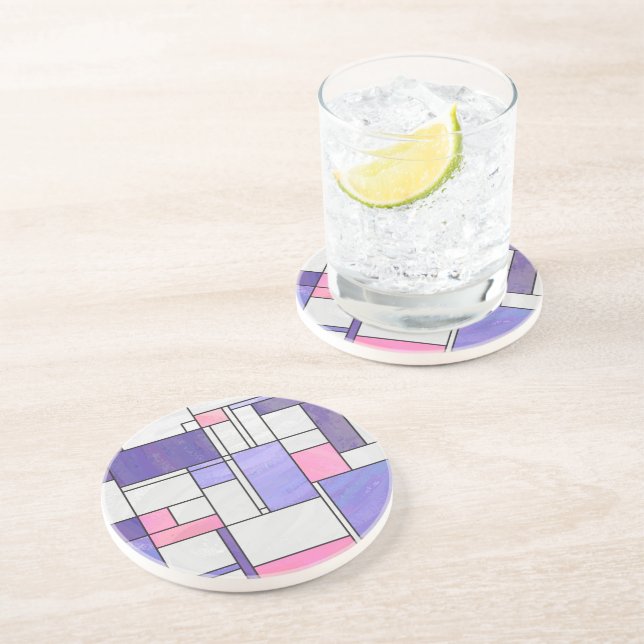 Mondrian Pink Purple White Print Sandstone Coaster (Side)