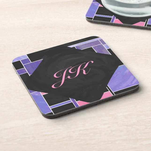Mondrian Purple Pink Black Print Coaster (Left Side)