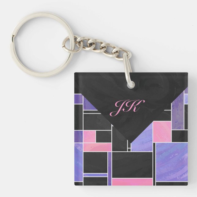 Mondrian Purple Pink Black Print Keychain (Front)