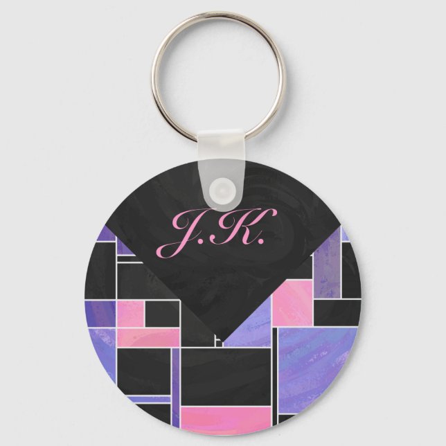 Mondrian Purple Pink Black Print Keychain (Front)