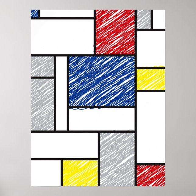 Mondrian Scribbles Minimalist De Stijl Modern Art Poster (Front)