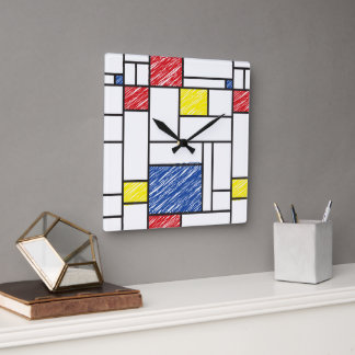 Mondrian Scribbles Minimalist De Stijl Modern Art Square Wall Clock