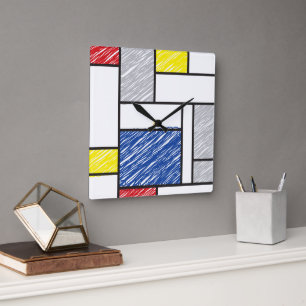 Mondrian Scribbles Minimalist De Stijl Modern Art Square Wall Clock