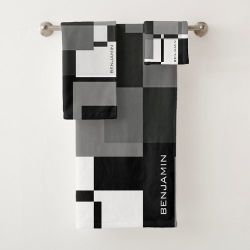Mondrian Style Abstract Modern Pattern Black White Bath Towel Set