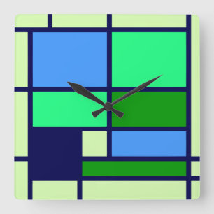 Mondrian style design blue green square wall clock