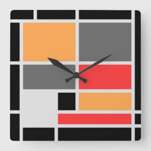Mondrian style design orange red black gray square wall clock