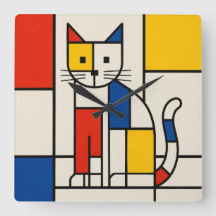 Mondrian Style Geometric Cat Abstract Pop Art Square Wall Clock