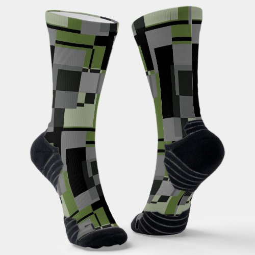  Mondrian Style Grey Green Abstract Modern Pattern Socks