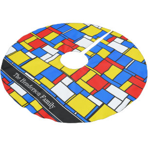 Mondrian Style Red Blue Yellow Black Name Monogram Brushed Polyester Tree Skirt