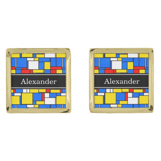 Mondrian Style Red Blue Yellow Black Name Monogram Gold Cufflinks (Front)