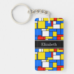 Mondrian Style Red Blue Yellow Black Name Monogram Keychain