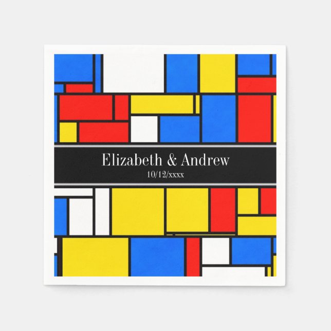 Mondrian Style Red Blue Yellow Black Name Monogram Napkins (Front)