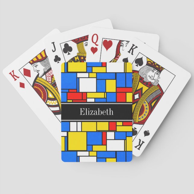 Mondrian Style Red Blue Yellow Black Name Monogram Poker Cards (Back)
