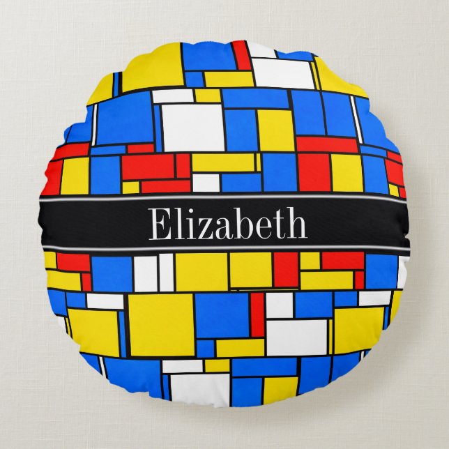 Mondrian Style Red Blue Yellow Black Name Monogram Round Pillow (Front)