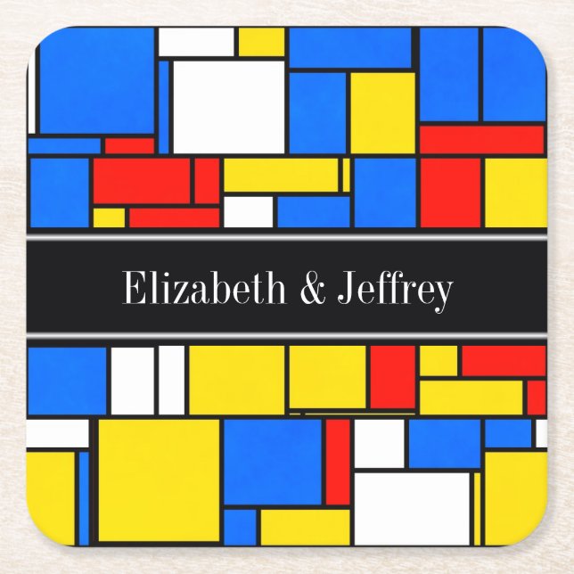 Mondrian Style Red Blue Yellow Black Name Monogram Square Paper Coaster (Front)