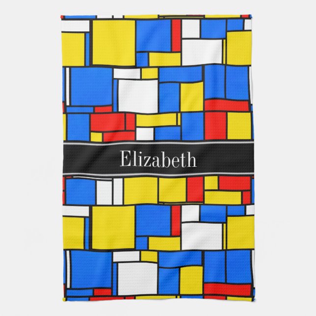 Mondrian Style Red Blue Yellow Black Name Monogram Towel (Vertical)