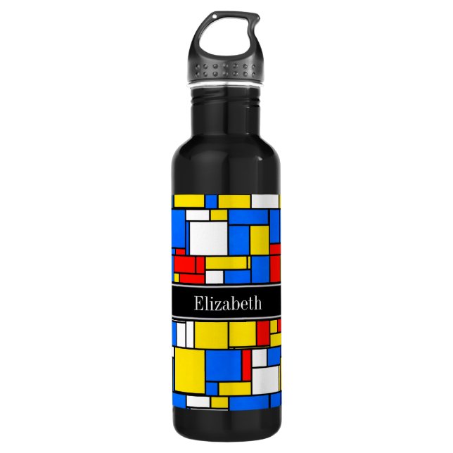 Mondrian Style Red Blue Yellow Black Name Monogram Water Bottle (Front)