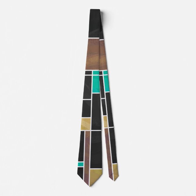 Mondrian Teal Brown Black Print Neck Tie (Front)