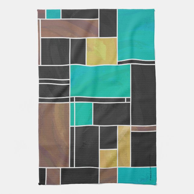 Mondrian Teal Brown Black Print Towel (Vertical)