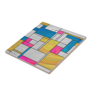 Mondrian Yellow Pink Blue Print Ceramic Tile