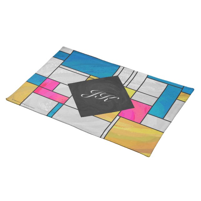 Mondrian Yellow Pink Blue Print Cloth Placemat (On Table)
