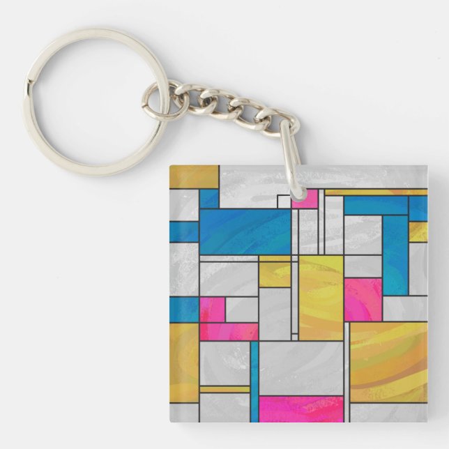 Mondrian Yellow Pink Blue Print Keychain (Front)