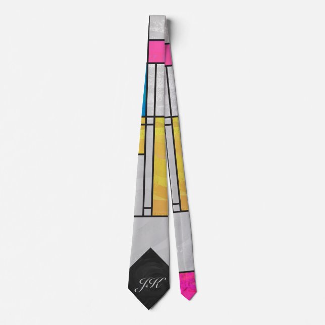 Mondrian Yellow Pink Blue Print Neck Tie (Front)