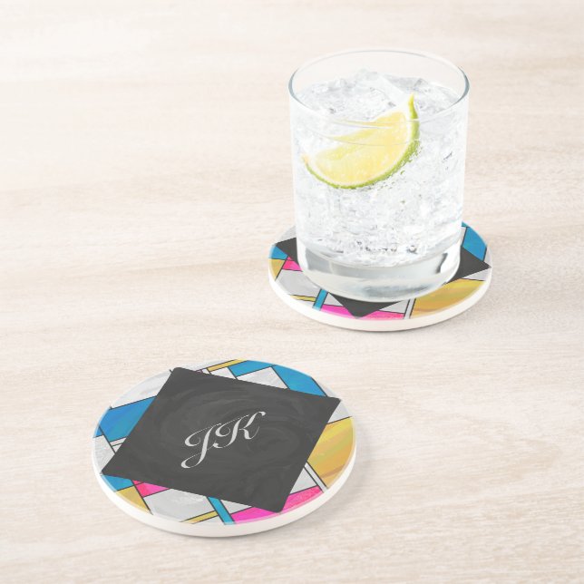 Mondrian Yellow Pink Blue Print Sandstone Coaster (Side)