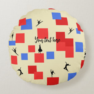 Mondrian's Dancing Cubes Blue Red Light Background Round Pillow